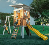 Forest | Modern Wooden Swing Set with Playhouse, Slide and Rock Wall