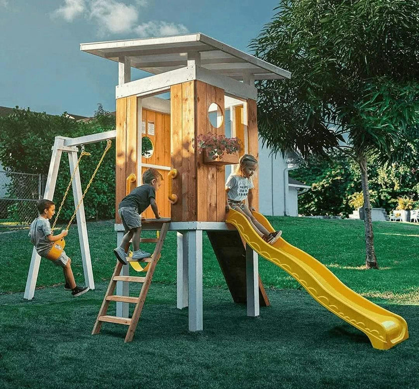 Forest | Modern Wooden Swing Set with Playhouse, Slide and Rock Wall