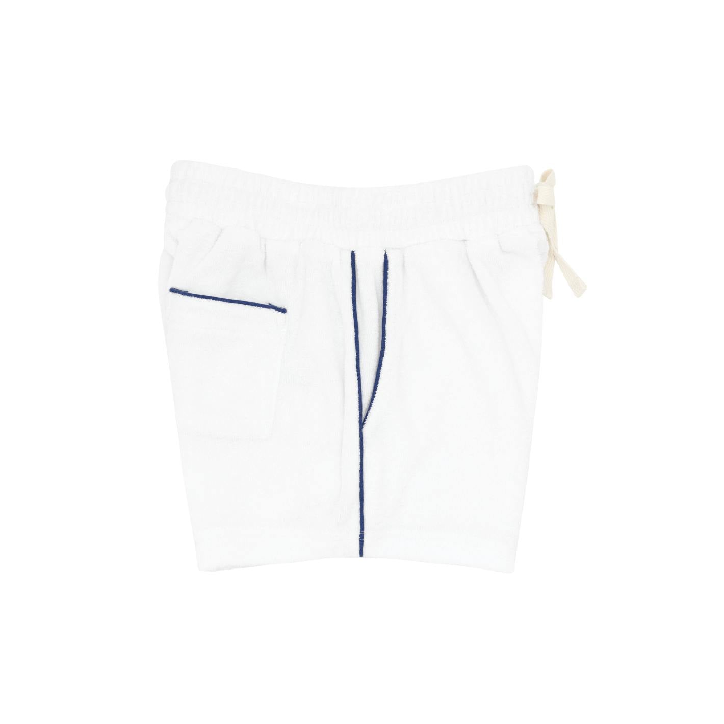 boys white french terry short with navy side piping
