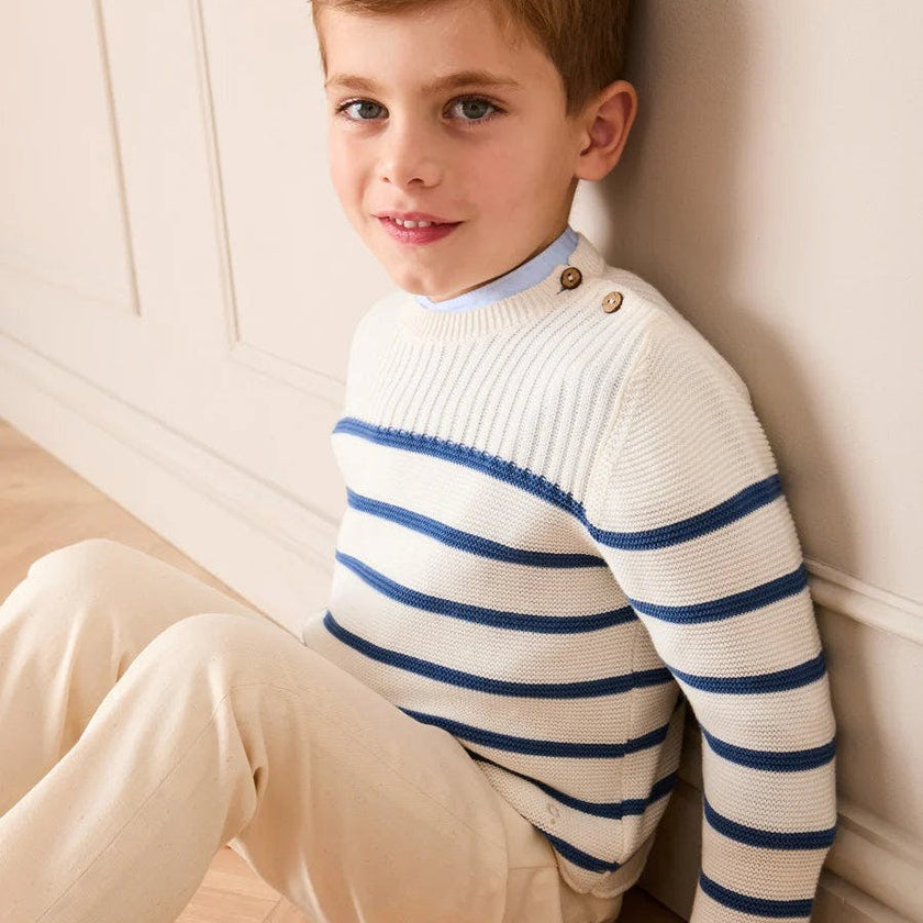 Striped Crewneck Ribbed Detail Blue & White Striped Jumper in Navy (12mths- 10yrs)