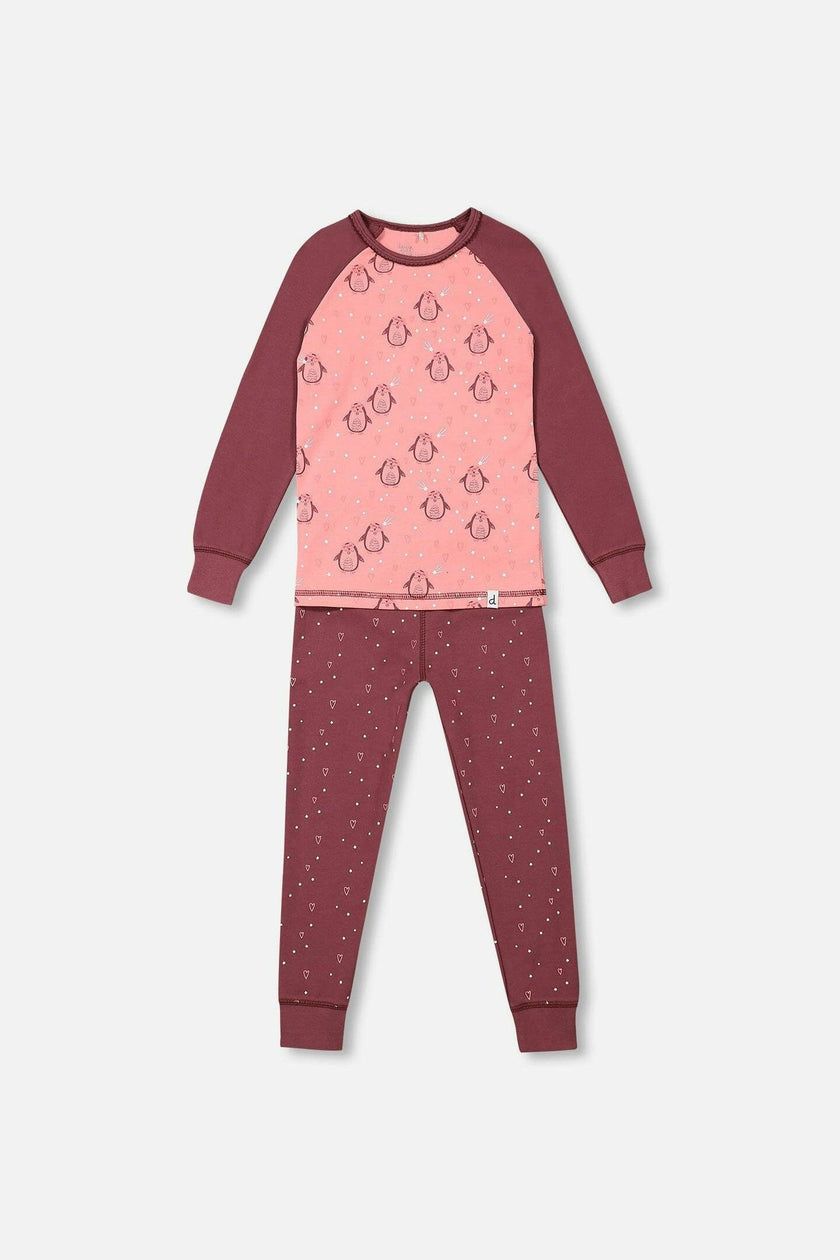 Organic Cotton Long Sleeve Two Piece Printed Penguins Pajama Set Pink