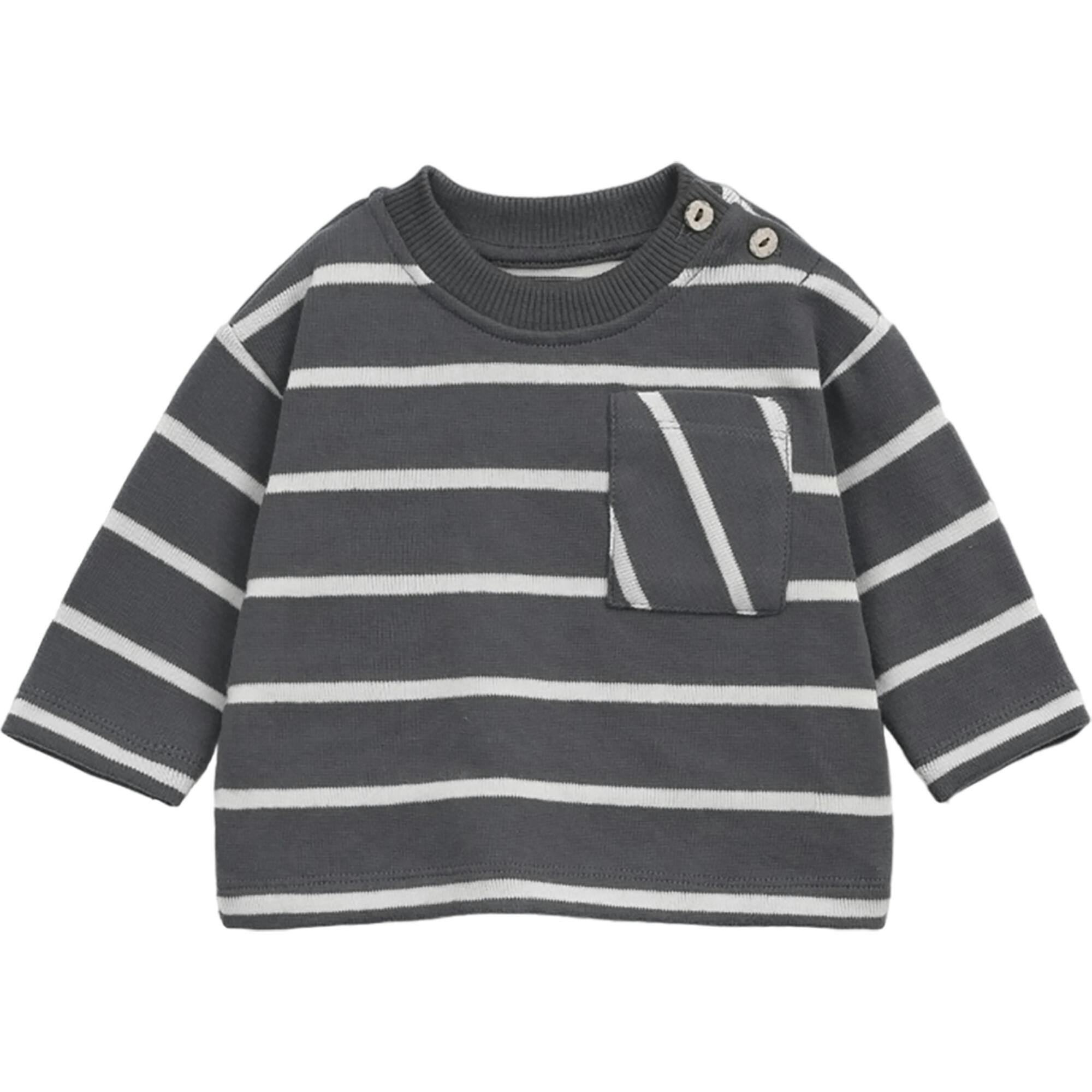 Jersey Striped Crew Neck Long Sleeve 2-Button Shoulder T-Shirt