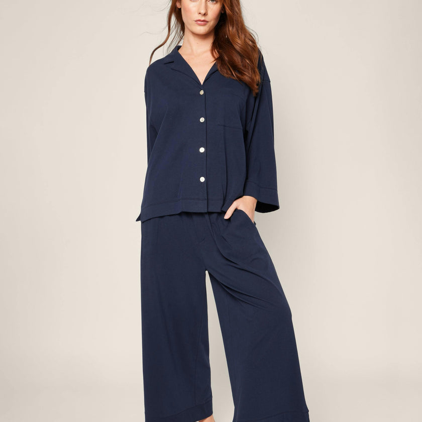 The Olivia Wide Leg Pima Pajama Set in Navy