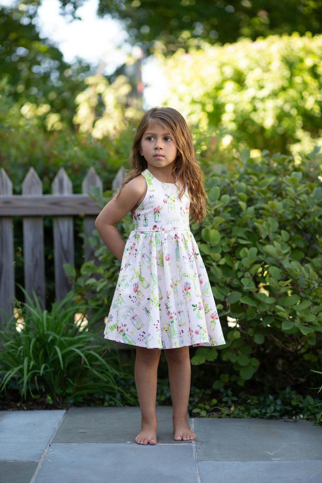 Cross Back Dress in Pink Plants