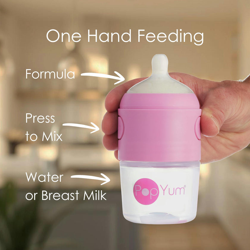 PopYum 5 oz Pink Anti-Colic Formula Making/Mixing/Dispenser Baby Bottles, 2-Pack with #1 Slow Flow Nipples