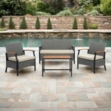 Teamson Home Wooden Armrests Outdoor Patio Furniture Conversation Set with Rattan Wicker Look