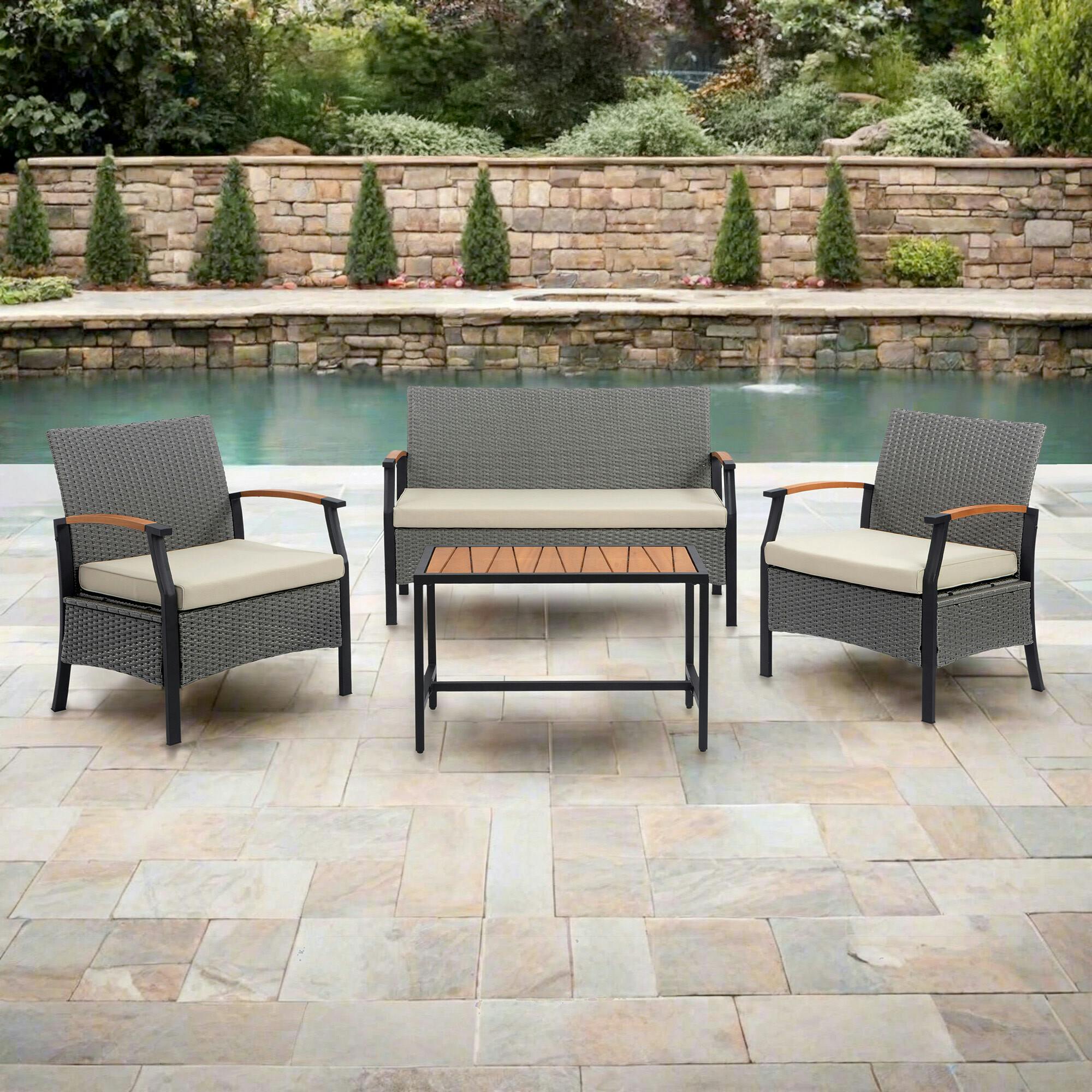 Teamson Home Wooden Armrests Outdoor Patio Furniture Conversation Set with Rattan Wicker Look