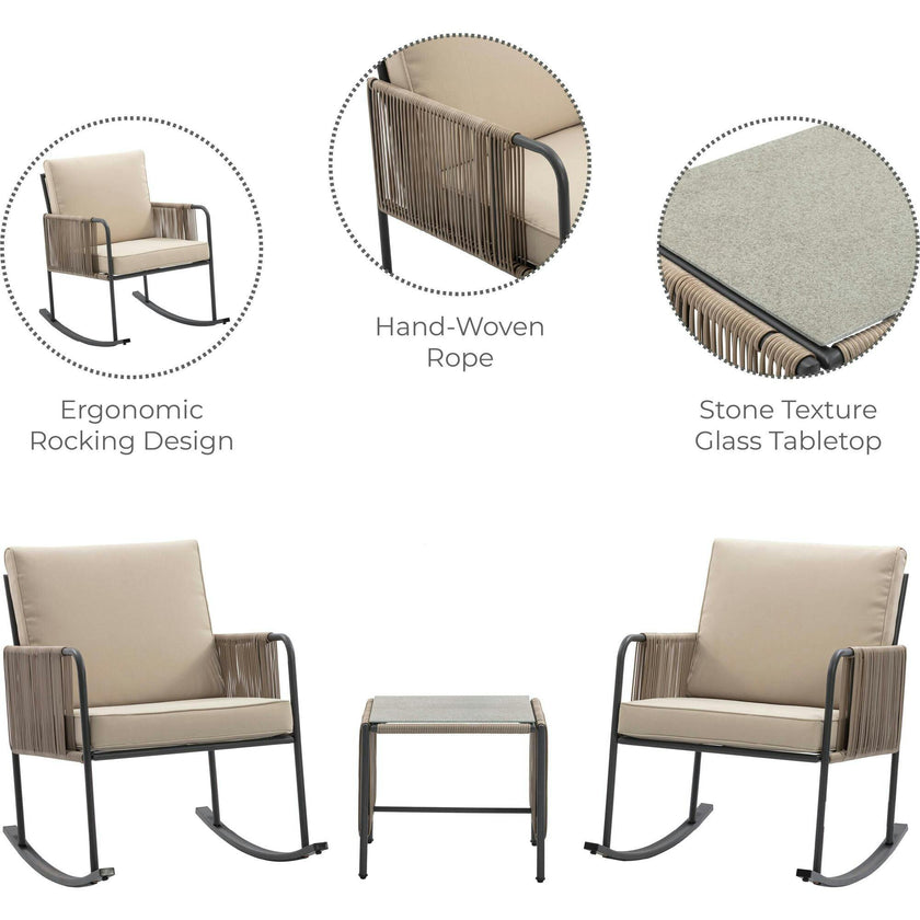 Teamson Home Steel Frame Rocking Chair Conversation Set with Rope Accent Outdoor Furniture