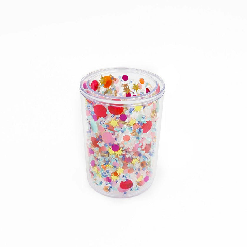 Packed Party Celebrate Every Day Confetti Pen Cup Organizer - Double Wall Clear Acrylic Desk Organizer with Trapped Multicolor Confetti for Home and Office