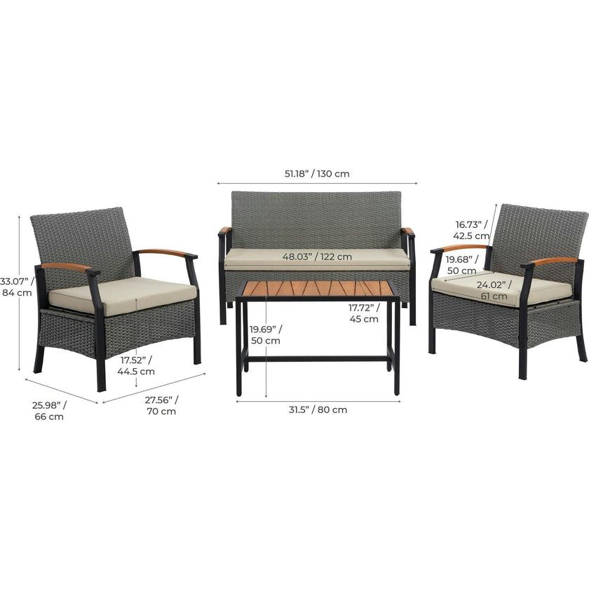 Teamson Home Wooden Armrests Outdoor Patio Furniture Conversation Set with Rattan Wicker Look