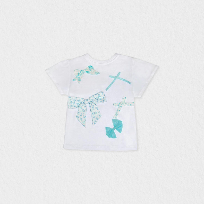 Elara Girl T-shirt Short Sleeve, White Aqua Bow