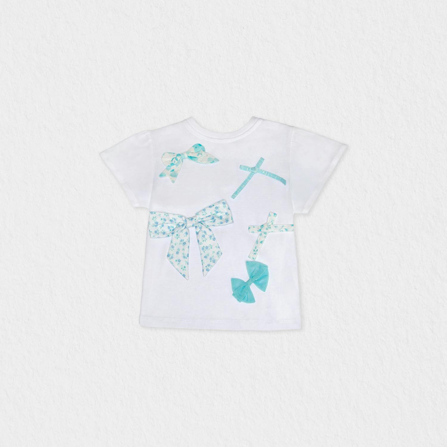 Elara Girl T-shirt Short Sleeve, White Aqua Bow