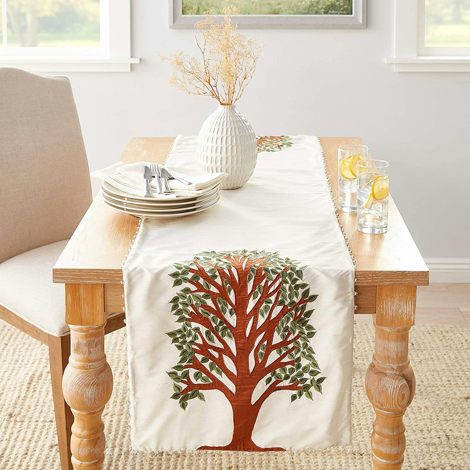 Handmade Ivory Silk Table Runner Tree of Life Embroidery and Hand Beading - 18